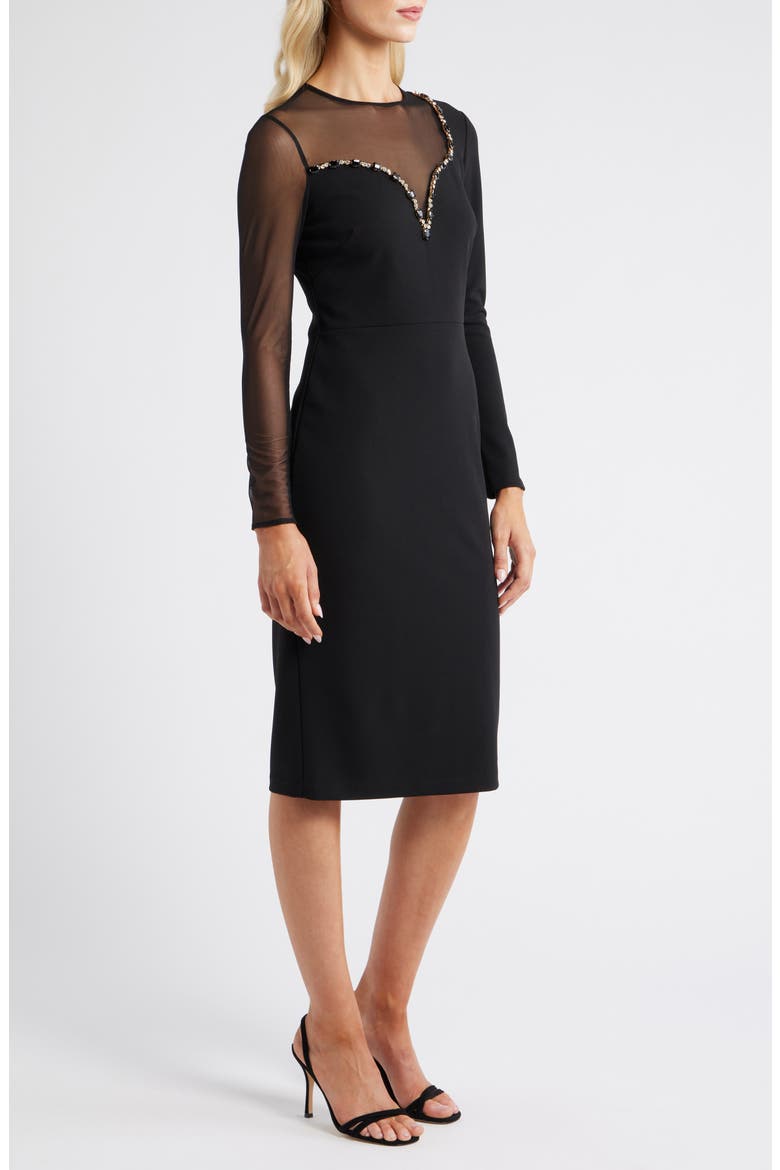 Long Sleeve Beaded Crepe Midi Dress, Alternate, color, BLACK