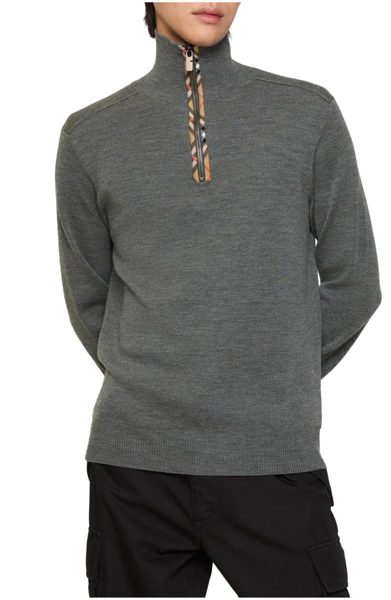 Burberry Check Trim Wool Half-zip Sweater, Main, color, Grey