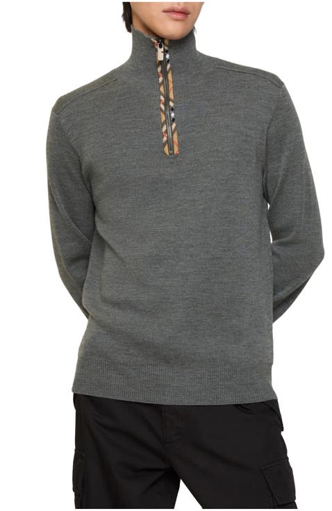Check Trim Wool Half-zip Sweater