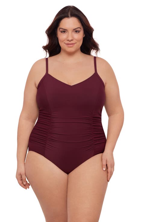 Plus Size Princess Seam V-Neck Side Shirred Adjustable One-Piece Swimsuit