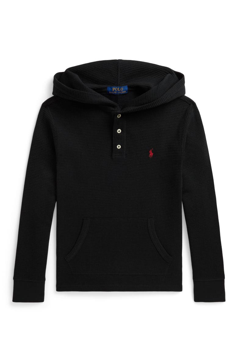 Kids' Waffle Knit Cotton Hooded Henley, Main, color, POLO BLACK