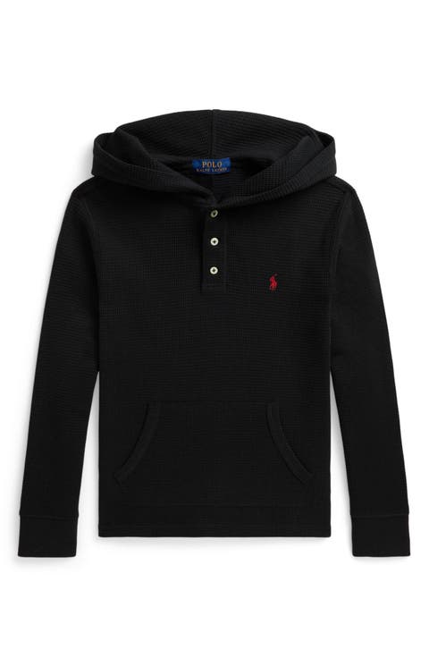 Kids' Waffle Knit Cotton Hooded Henley