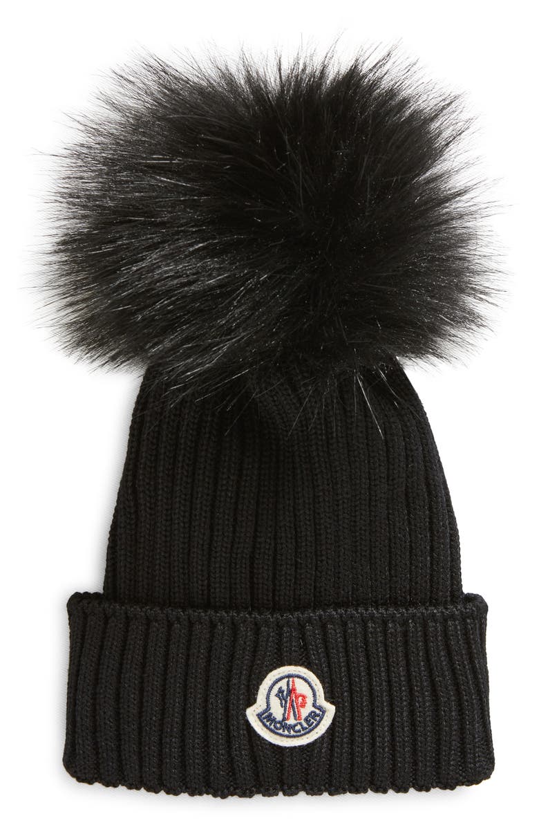 Moncler Kids' Ribbed Wool Beanie with Faux Fur Pompom, Main, color,