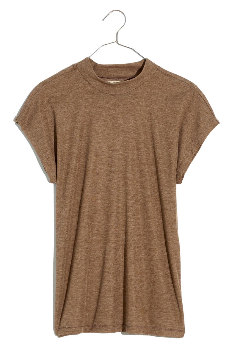 Sheer Ribbed Mock Neck T-Shirt, Alternate, color, HEATHER FLAX