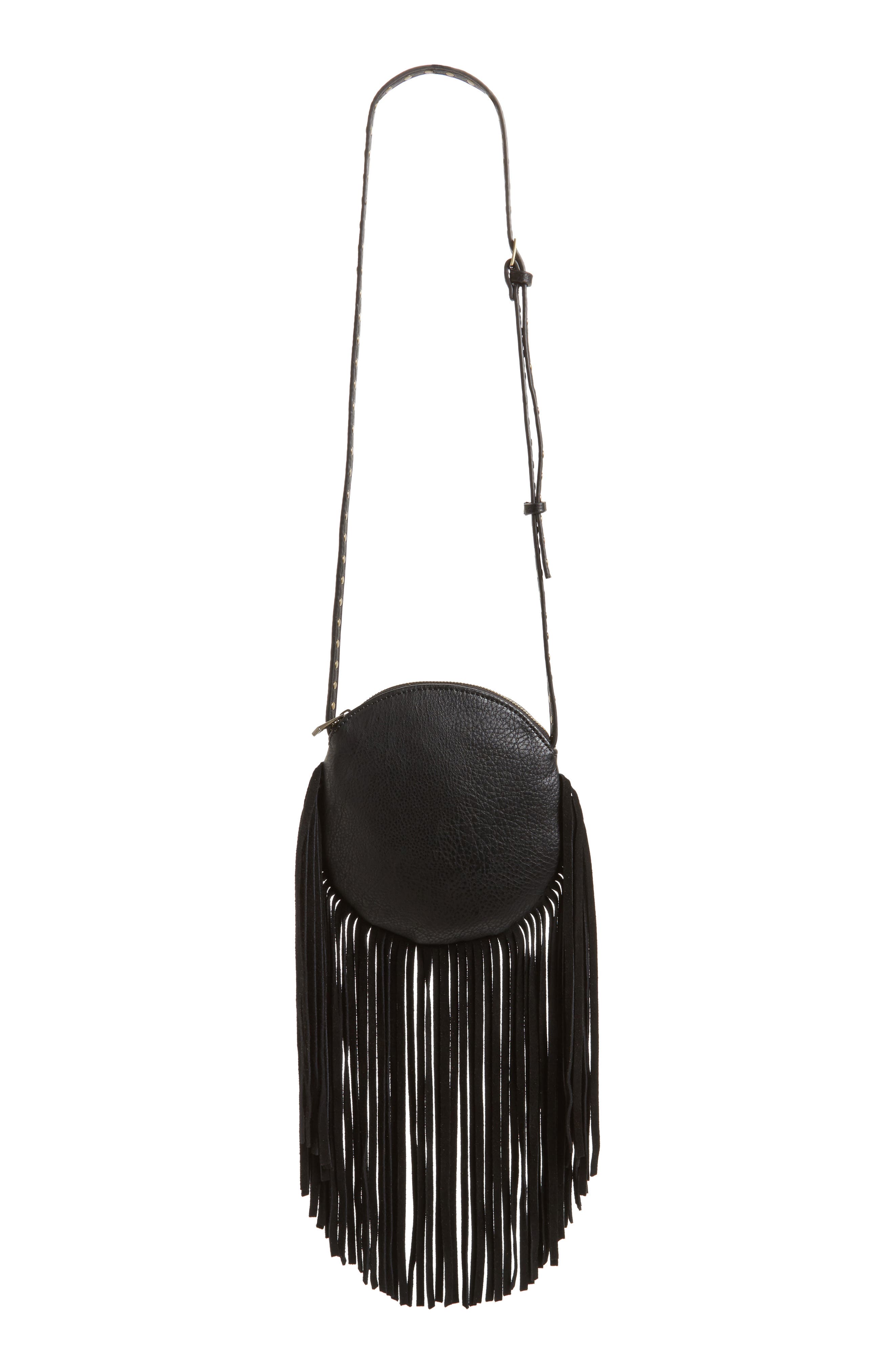 Fringe Faux Leather Round Crossbody Bag, Main, color, BLACK