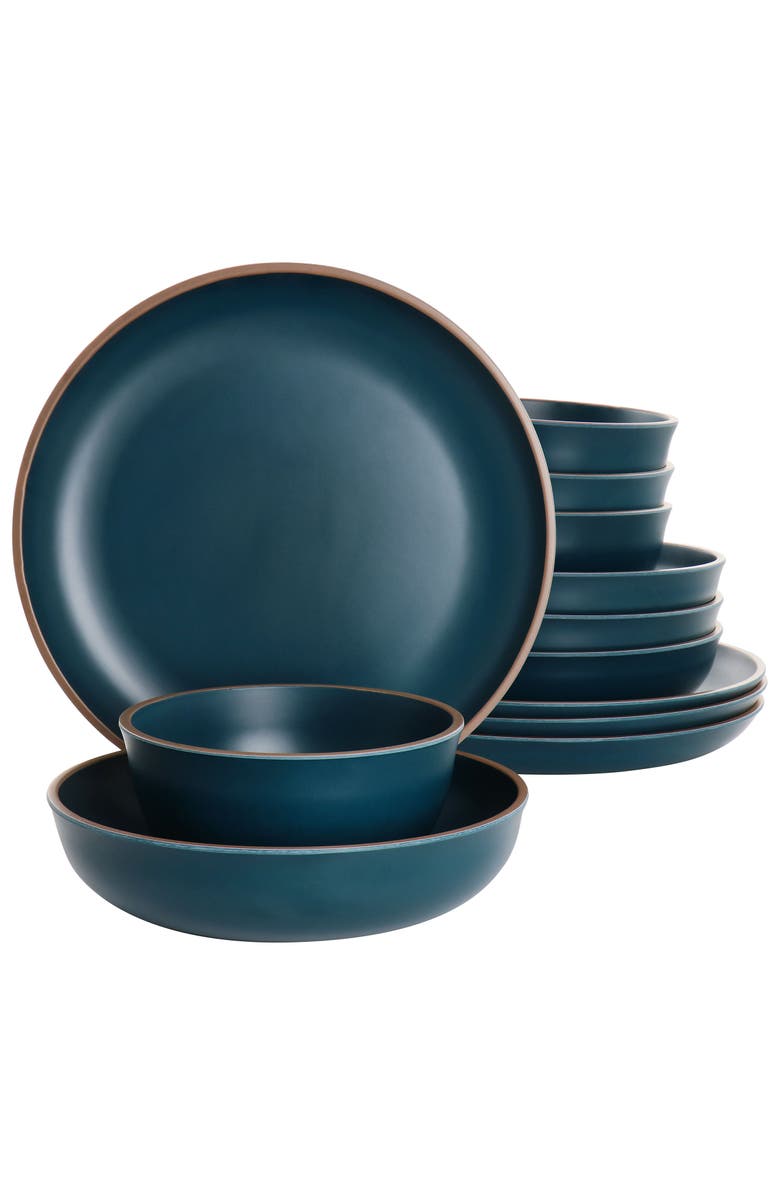 Gibson Home Rockabye 12 Piece Melamine Dinnerware Set, Main, color, Blue