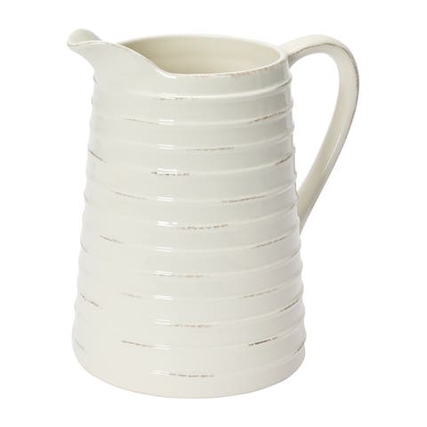 Farmhouse Embossed Stripe Ceramic Pitcher, Distressed White