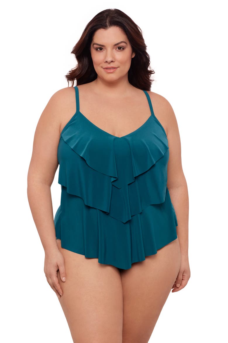 Triple Ruffle Tier Adjustable Tankini Swimsuit Top, Main, color, Lagoon