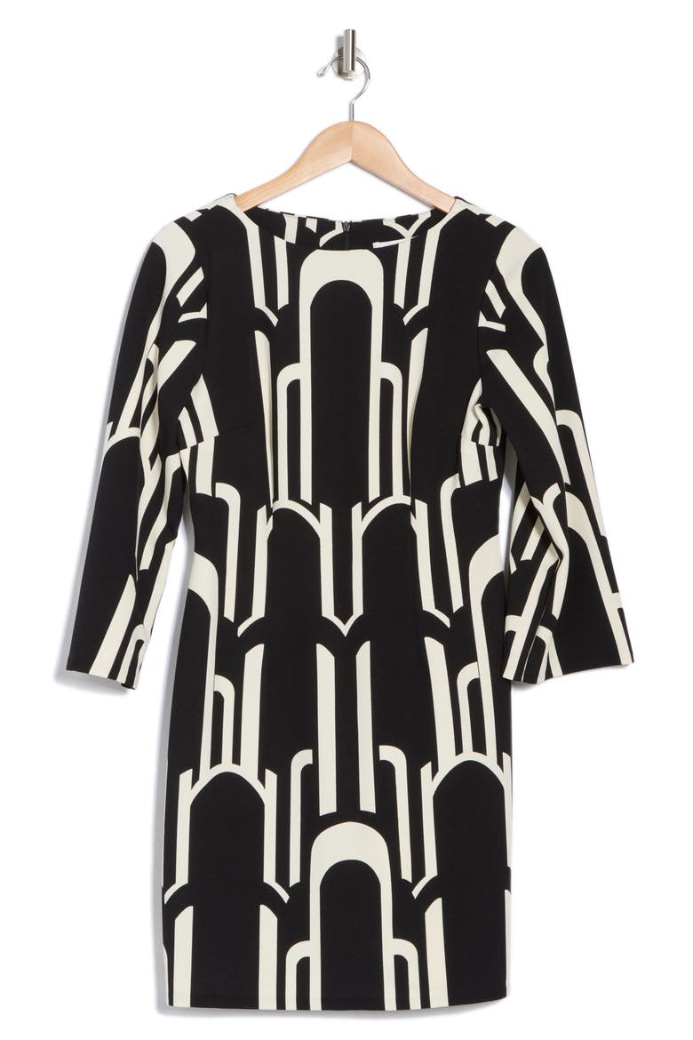 Geo Print Long Sleeve Shift Dress, Alternate, color, BLACK/ IVORY