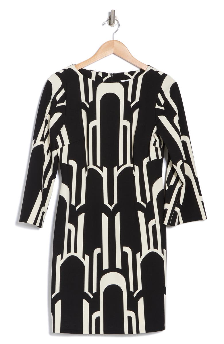 London Times Geo Print Long Sleeve Shift Dress, Alternate, color, Black/ Ivory