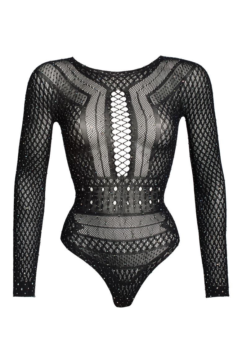 The Elite Embellished Mesh Bodysuit, Alternate, color, BLACK
