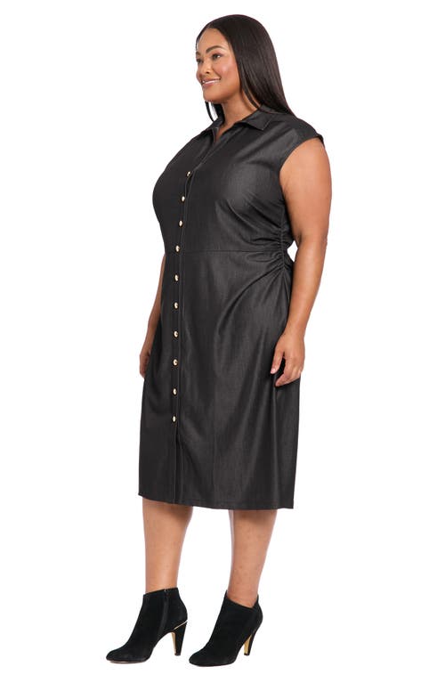 London Times Side Ruched Stretch Denim Midi Dress In Black