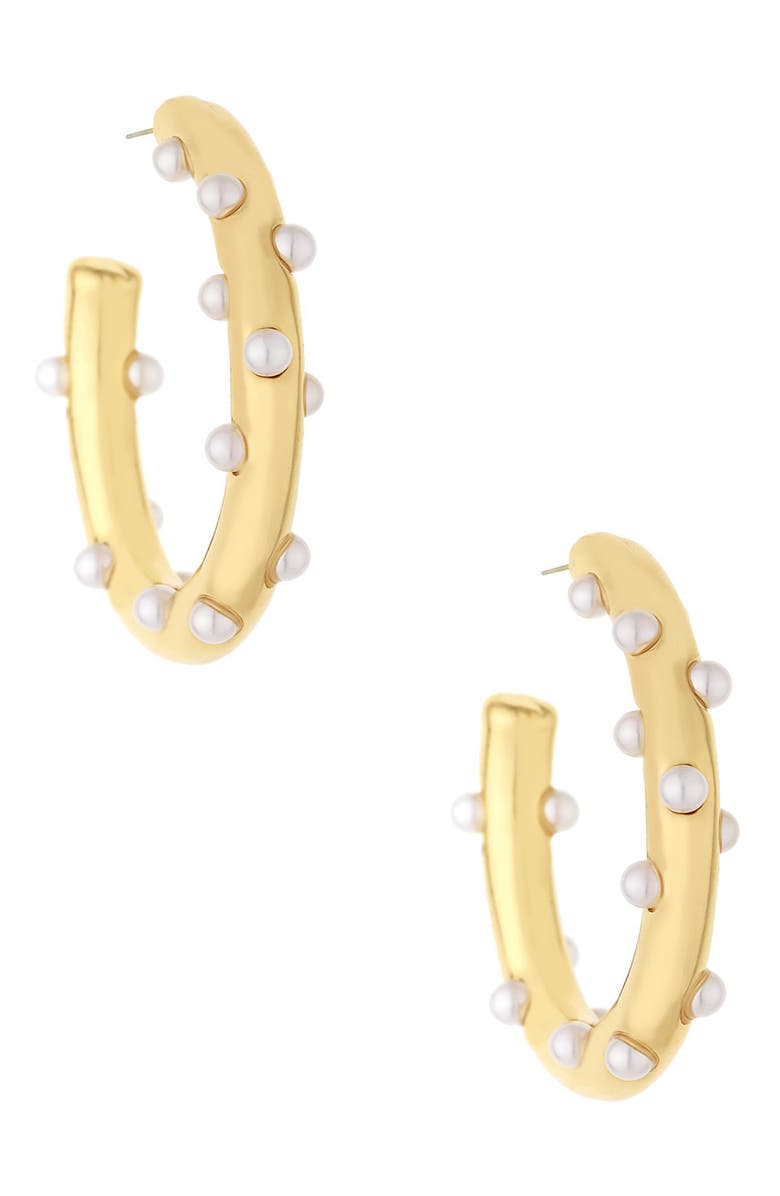 Ettika Imitation Pearl Hoop Earrings, Main, color, Gold