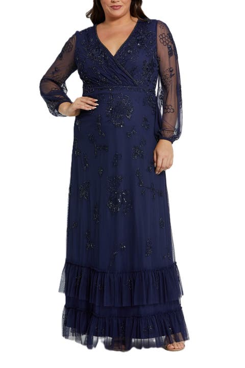 Puff Sleeve V-Neck TIered Embellished Gown