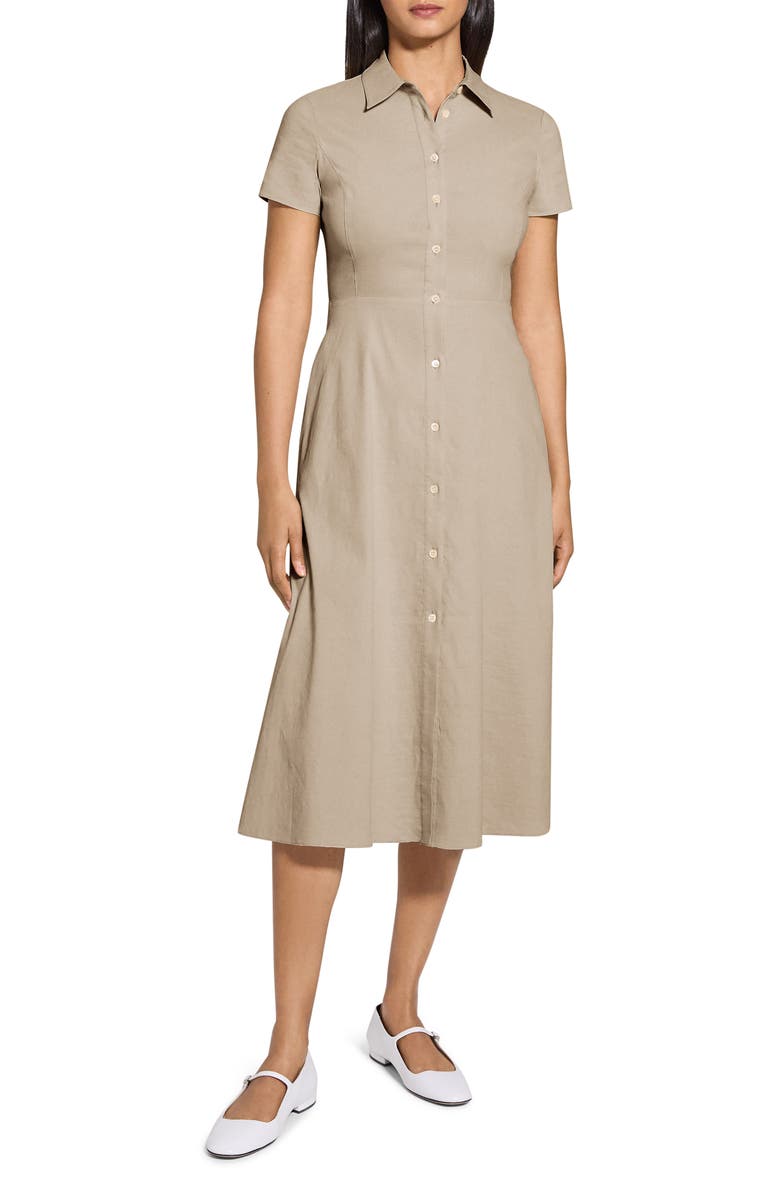Theory Short Sleeve Linen Blend Midi Shirtdress, Alternate, color, Soft Taupe