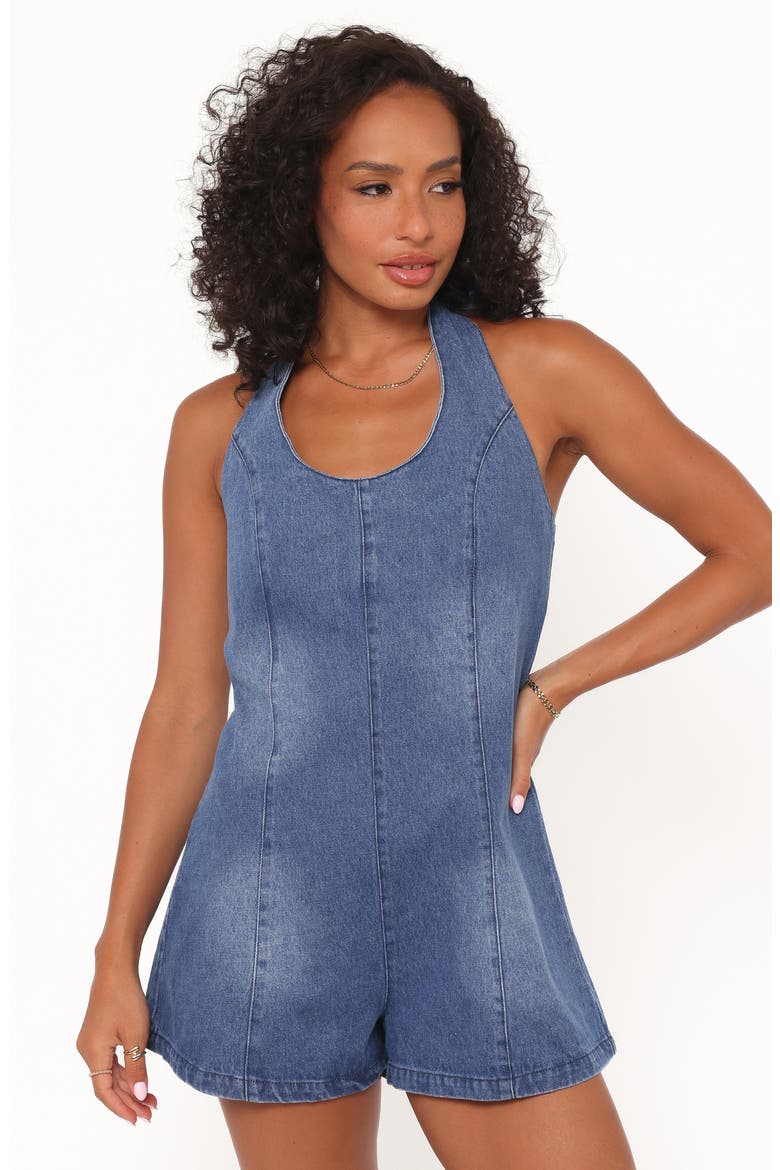 Paityn Denim Halter Romper, Alternate, color, DARK WASH