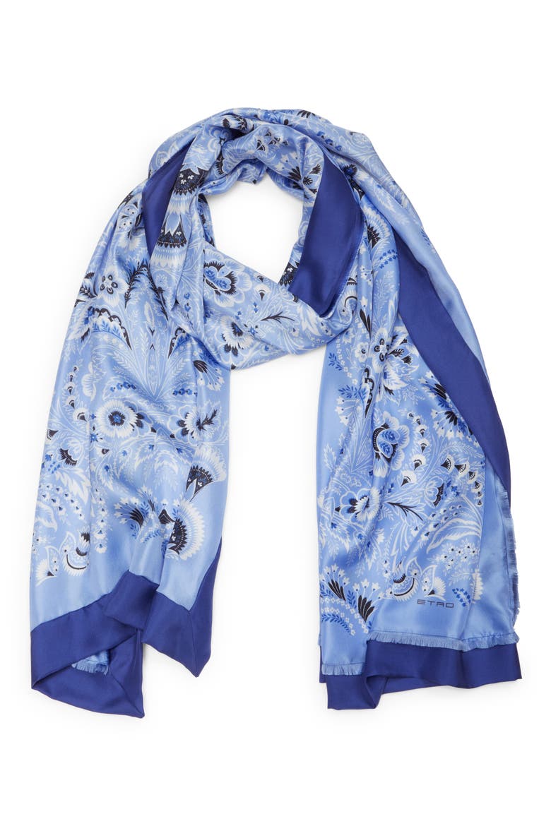 Floral Silk Fringe Scarf, Alternate, color, PRINT ON PALE BLUE BASE