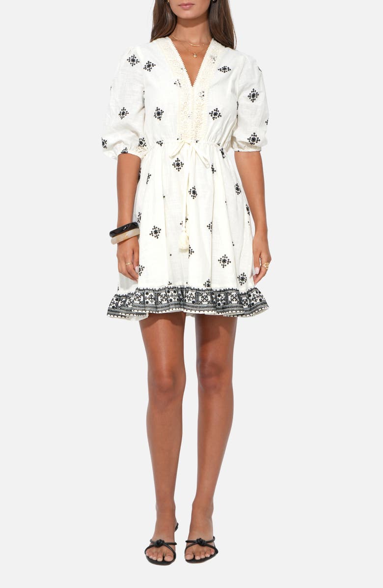 Adelyn Rae Soraya Embroidered Cotton Minidress, Main, color, Ivory/ Black