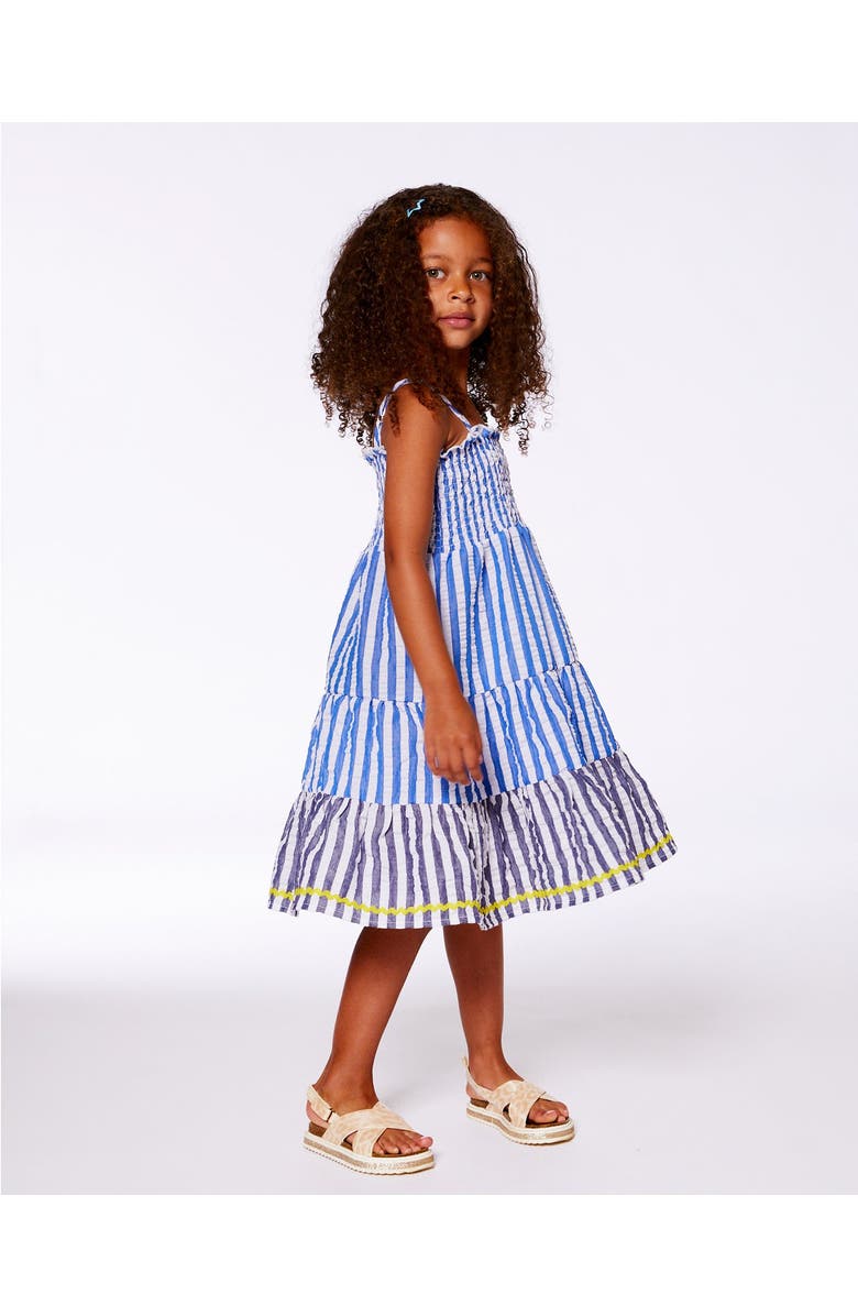 Deux par Deux Little Girl's Smocked Seersucker Peasant Dress Blue And White Striped, Alternate, color, Blue And White Striped