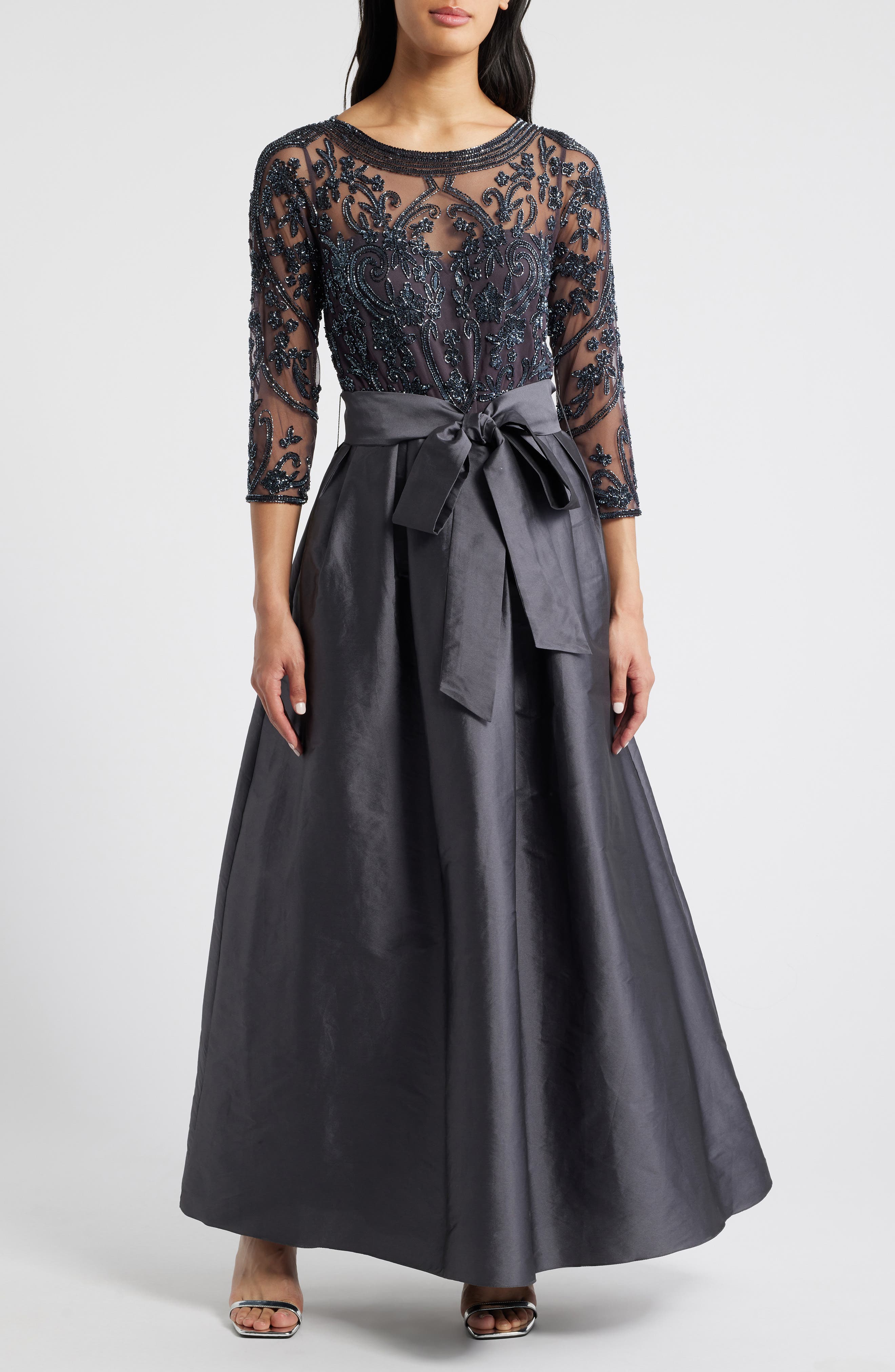 Pisarro Nights Beaded Illusion Neck Taffeta Cocktail Dress