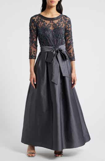 Beaded Illusion Neck Taffeta Cocktail Dress