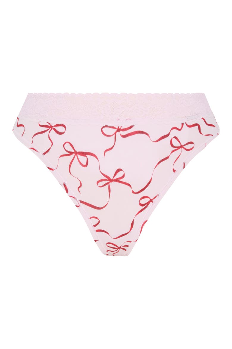Essentials Lace Trim Stretch Cotton Thong, Alternate, color, PIXIE DUST PURPLE RIBBON WRAP