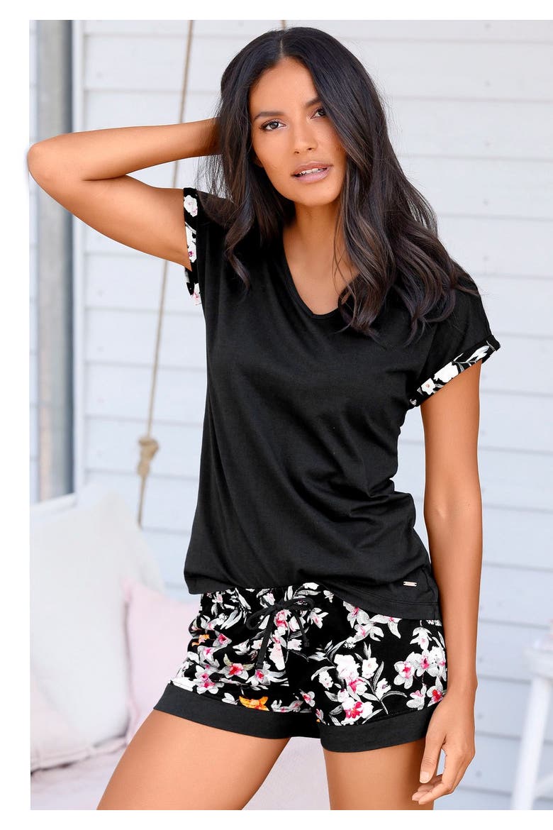 Floral Pajama Shorts Set, Alternate, color, Black