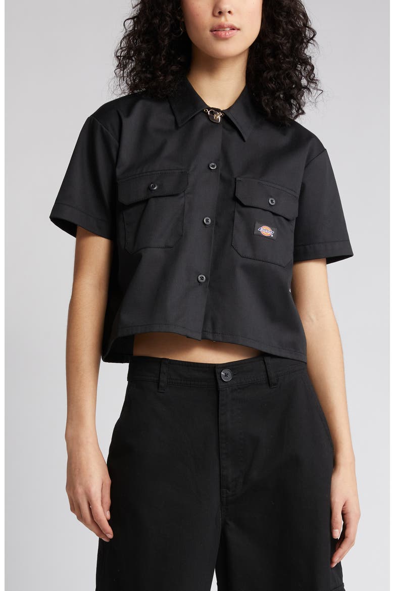 Short Sleeve Crop Work Shirt, Alternate, color, BLACK