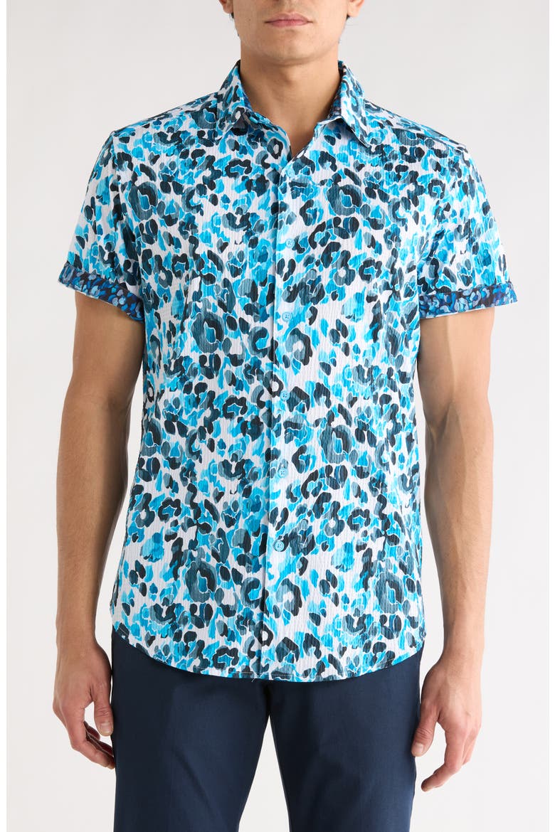Pantanal Short Sleeve Woven Button-Up Shirt, Main, color, BLUE