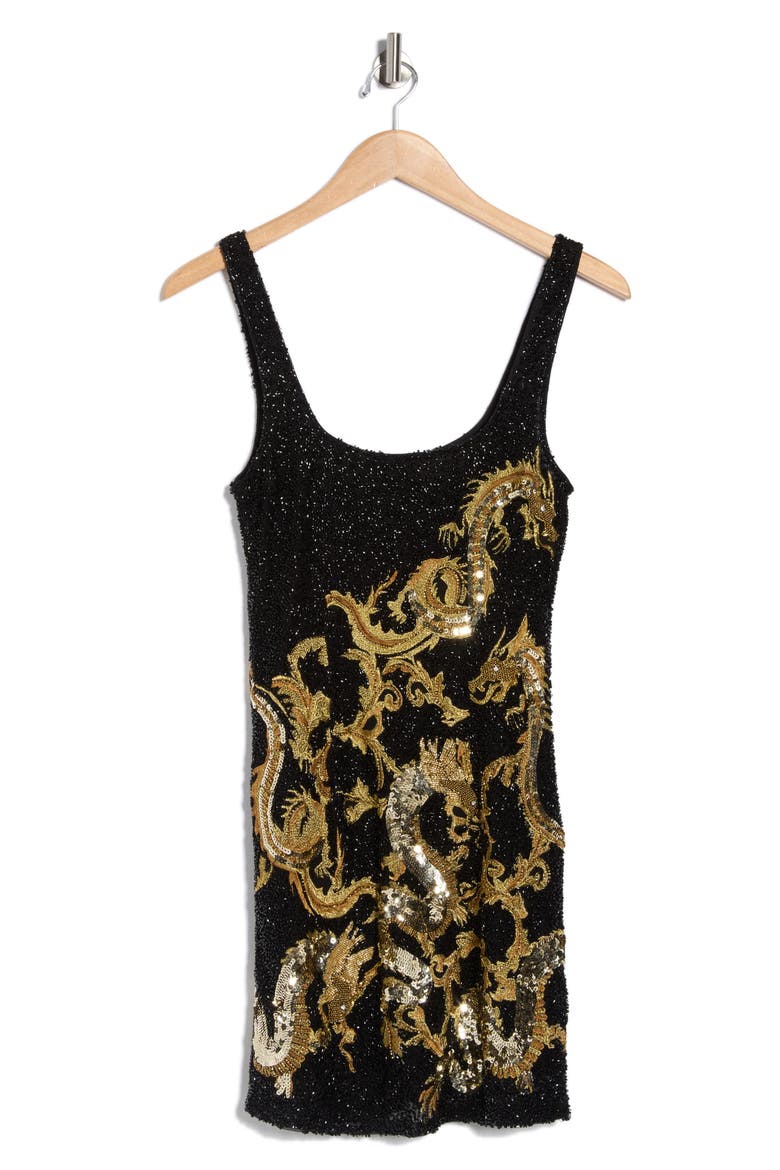 Inori Sequin Embellished & Beaded Dragon Minidress, Alternate, color, BLACK/ GOLD BEADED DRAGON