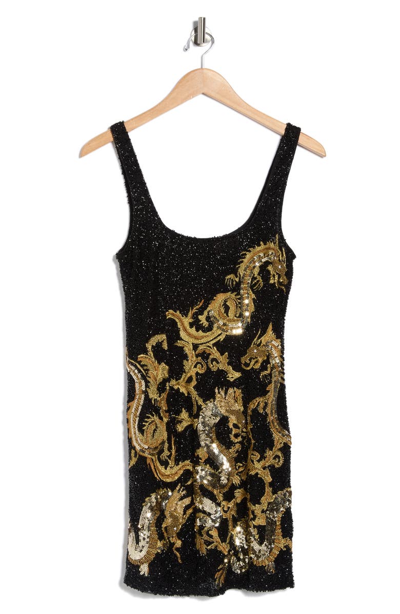 L'AGENCE Inori Sequin Embellished & Beaded Dragon Minidress, Main, color, Black/ Gold Beaded Dragon