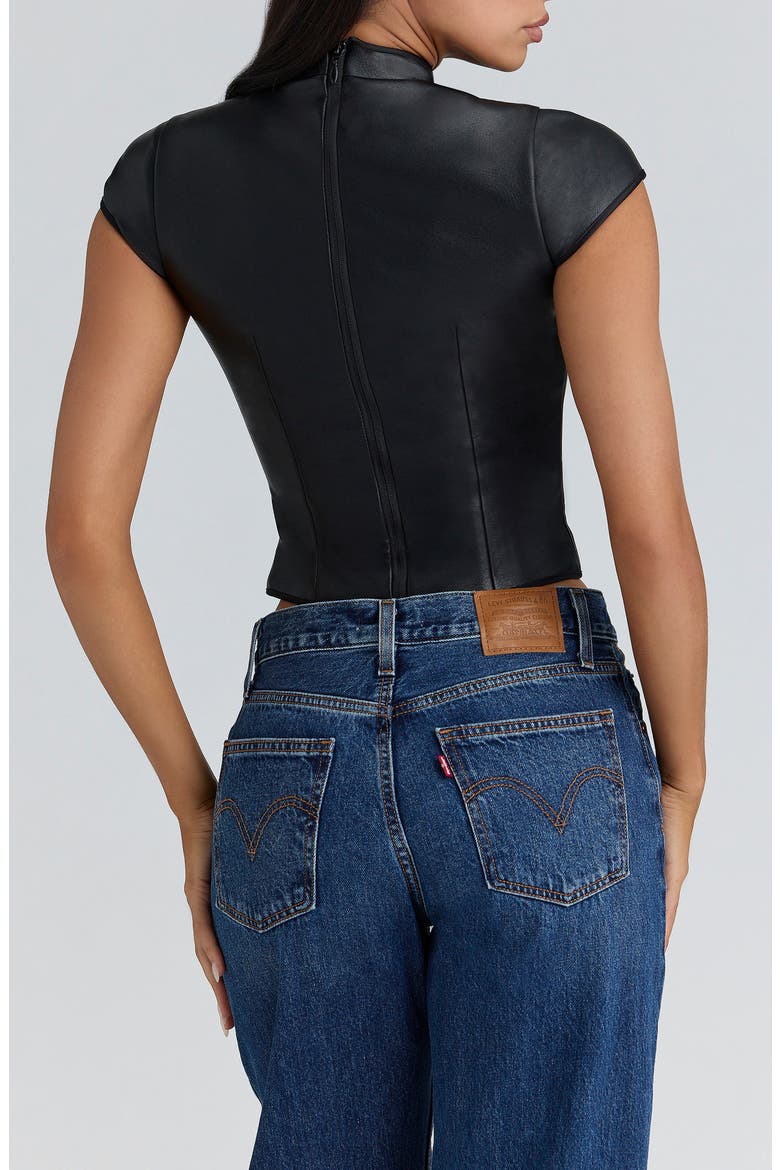 Bobbi Mandarin Collar Faux Leather Crop Top, Alternate, color, BLACK