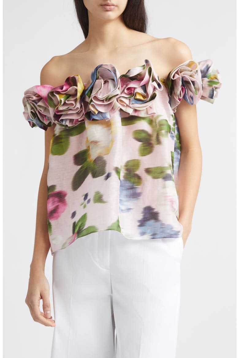 Chiné Rose Print Linen & Silk Off the Shoulder Top, Main, color, ROSEWATER MULTI