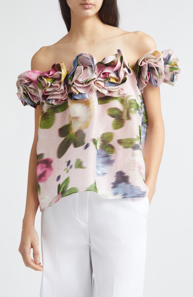 Carolina Herrera Chiné Rose Print Linen & Silk Off the Shoulder Top, Main, color, Rosewater Multi