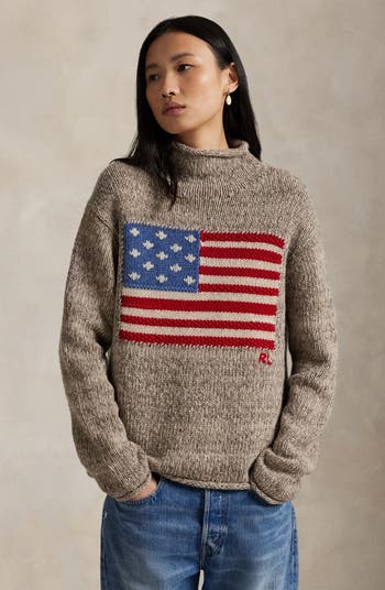 Intarsia Flag Mock Neck Wool Blend Sweater