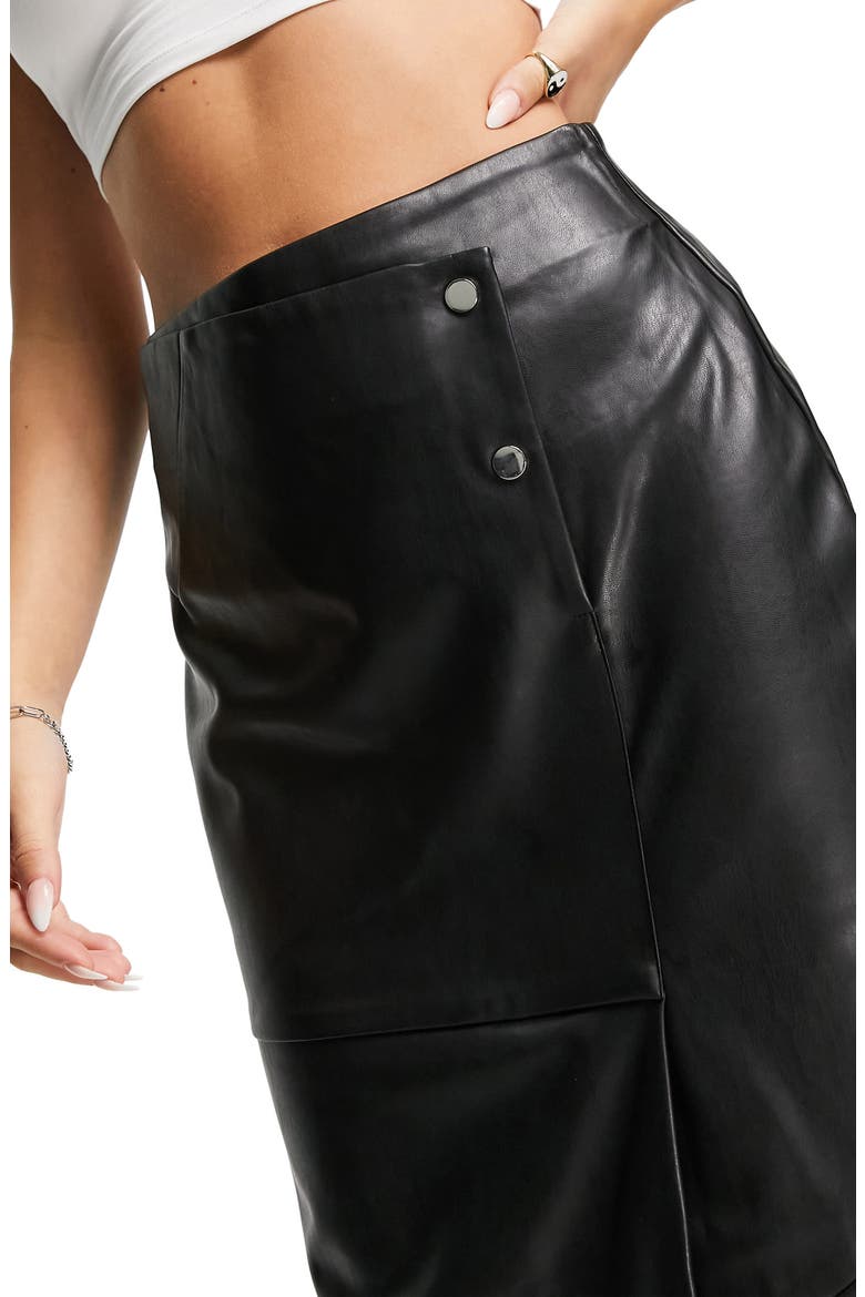 Wrap Over Faux Leather Midi Skirt, Alternate, color, BLACK