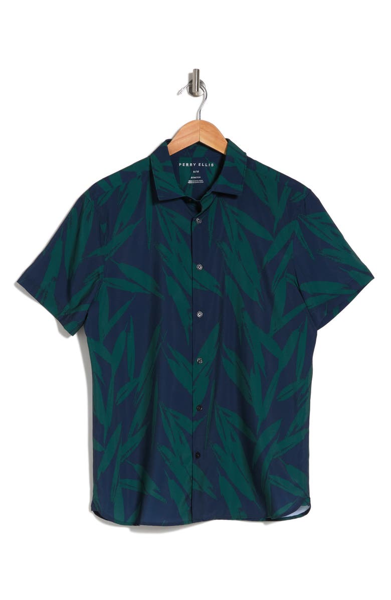 Perry Ellis Leaf Print Short Sleeve Stretch Button-Up Shirt, Alternate, color, 