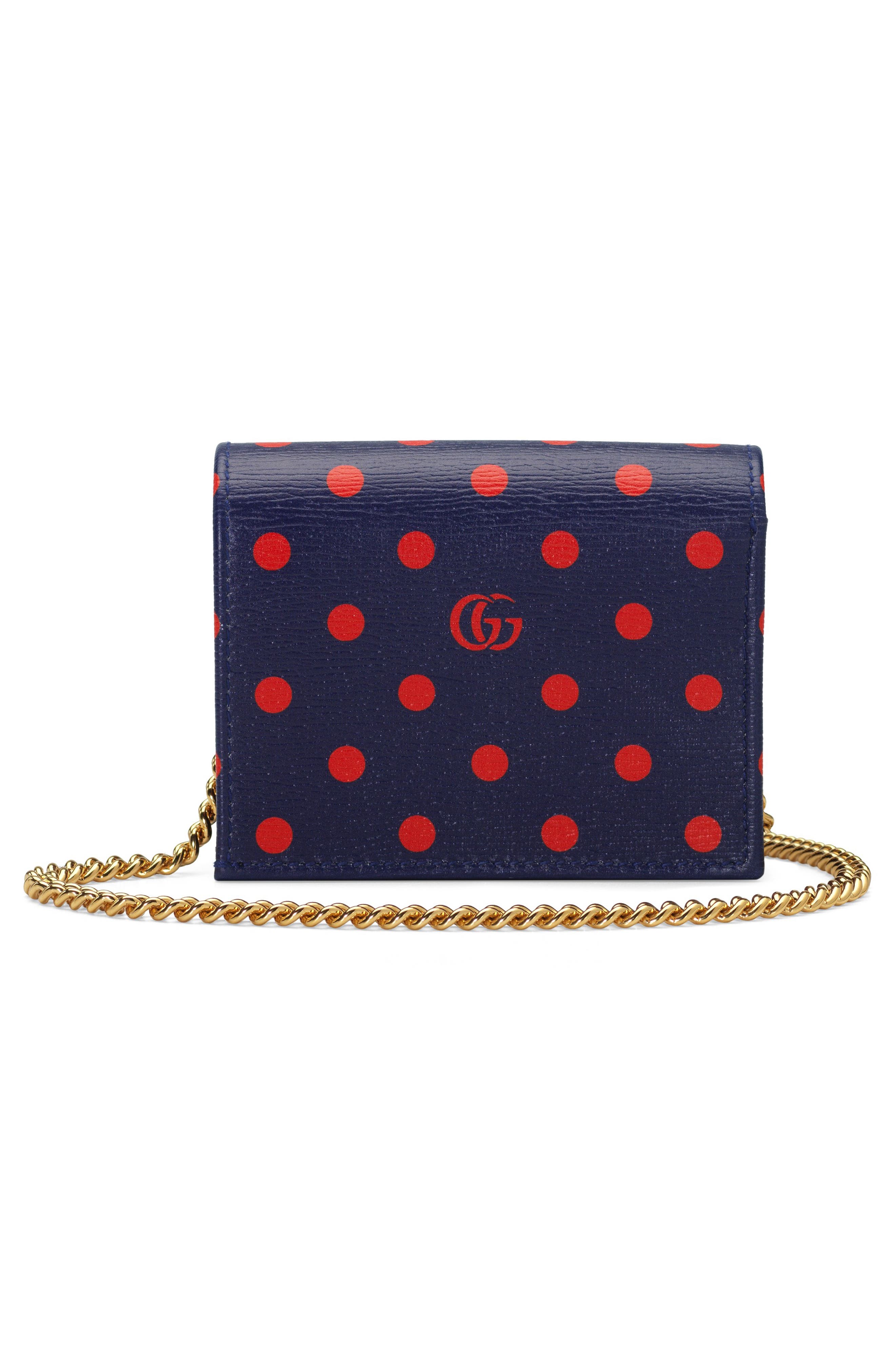 Gucci 1955 Horsebit Polka Dot Leather Wallet on a Chain, Alternate, color, 