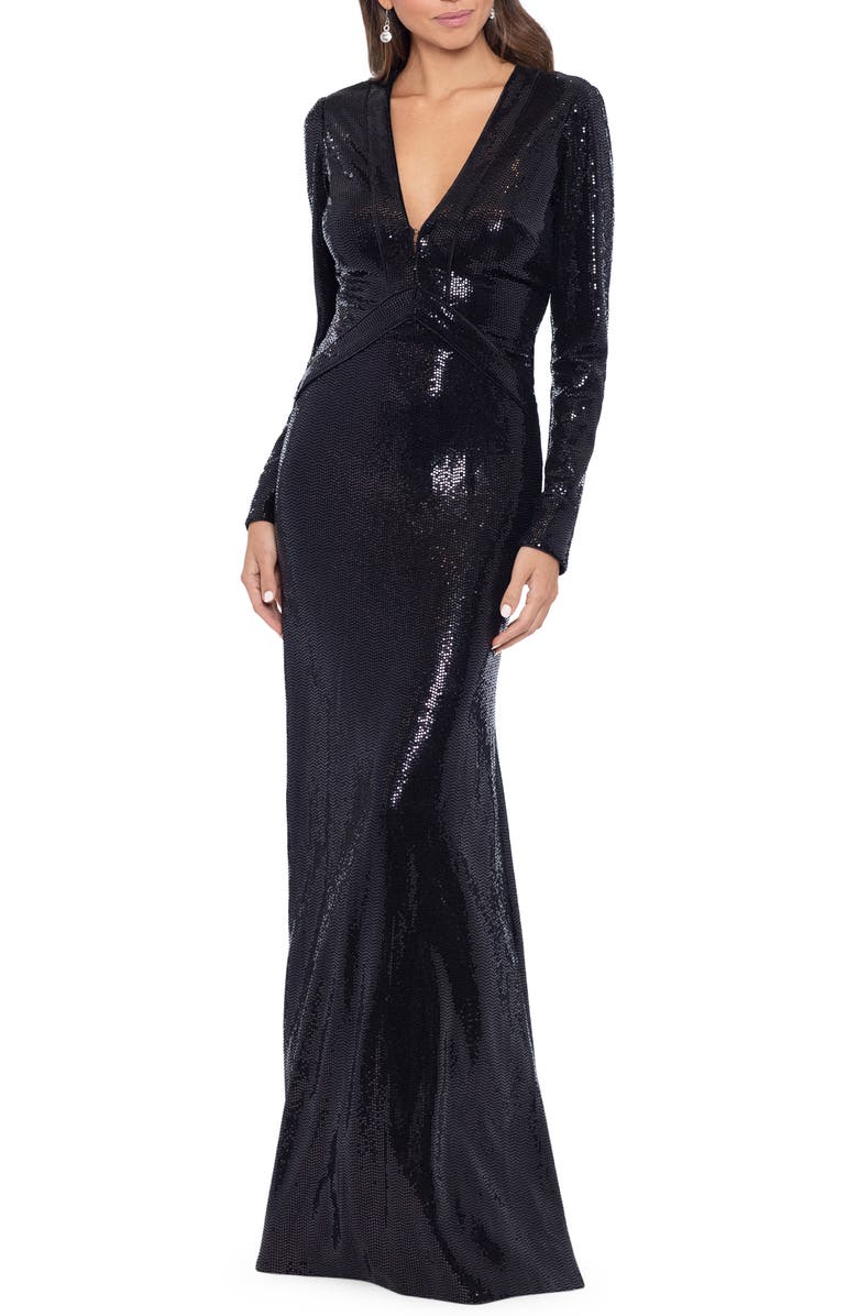Betsy & Adam Shimmer Open Back Long Sleeve Gown, Main, color, 