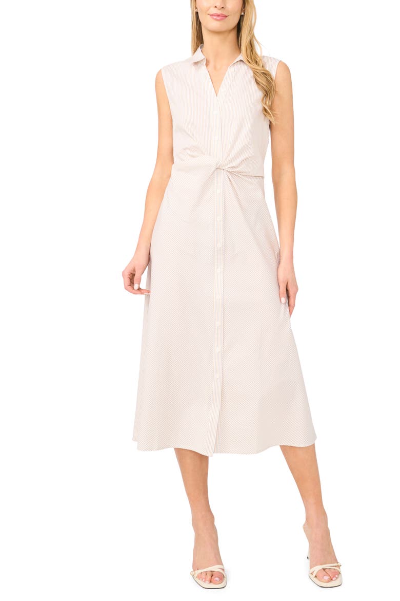 Stripe Twist Detail Sleeveless Cotton Shirtdress, Main, color, PEBBLE