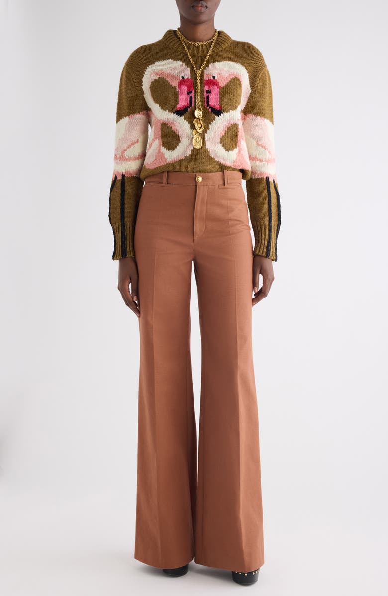 Chloé Hand Knit Flamingo Intarsia Wool Crewneck Sweater, Alternate, color, Secret Brown