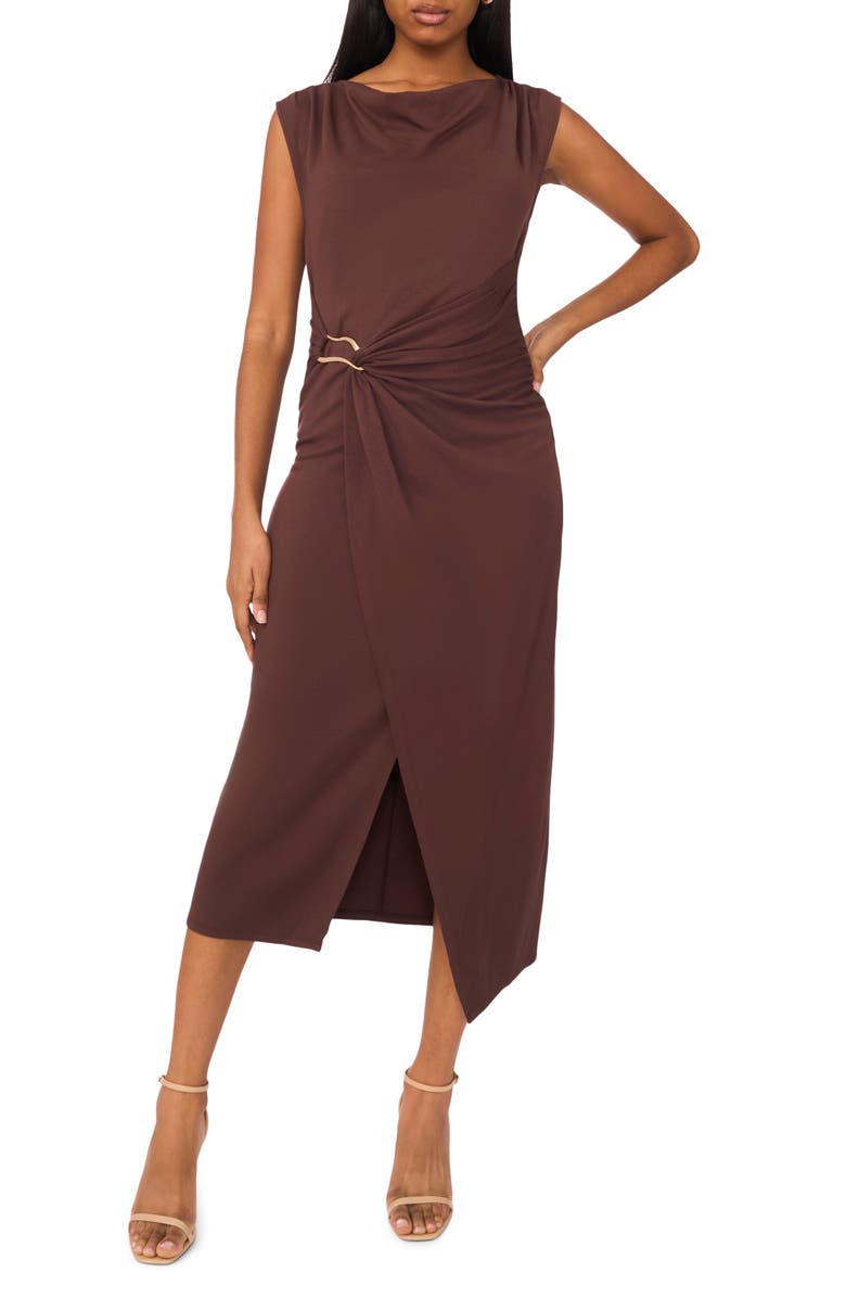 Halogen<sup>®</sup> Asymmetric Shirred Waist Body-Con Dress, Main, color, Hot Fudge