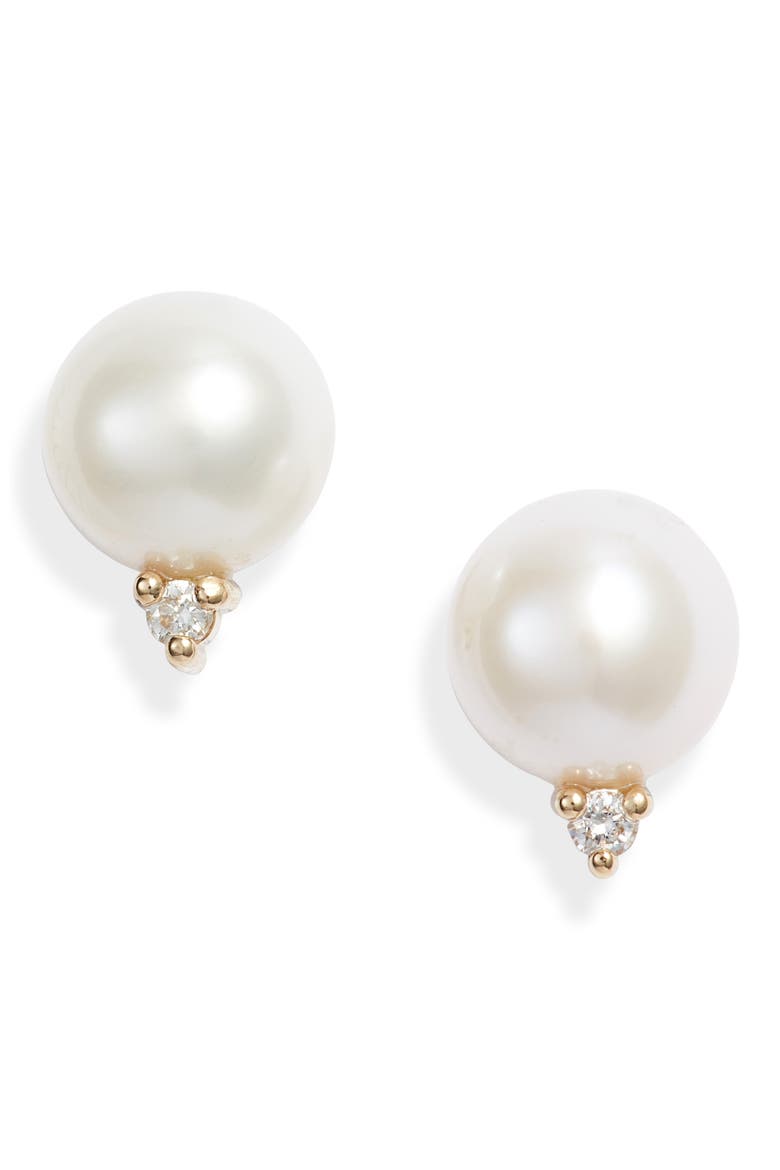 Pearl & Diamond Stud Earrings, Main, color, YELLOW GOLD / DIAMOND / PEARL