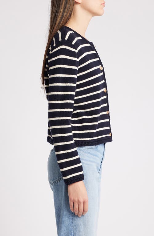 Frame Womens Vystriped-print Round-neck Wool And Cotton Cardigan In Navy Multi