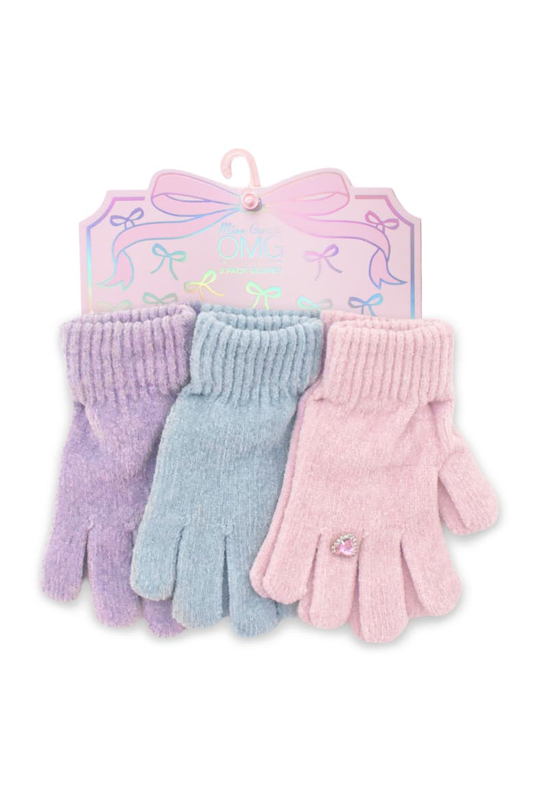 Kids' 3-Pack Heart Gem Chenille Gloves, Main, color, PINK/ BLUE/ PURPLE