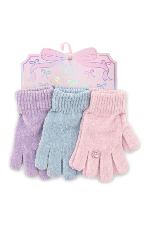 Kids' 3-Pack Heart Gem Chenille Gloves
