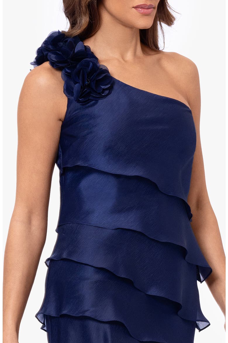Ruffle One-Shoulder Tiered Charmeuse Gown, Alternate, color, NAVY