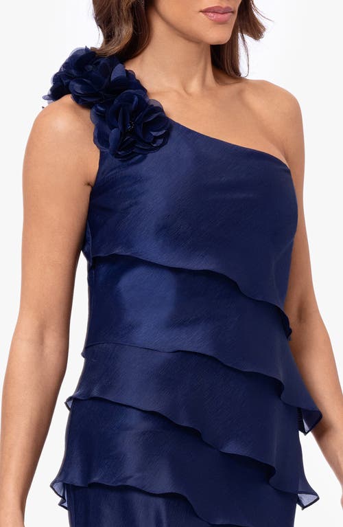 Xscape Evenings Ruffle One-shoulder Tiered Charmeuse Gown In Navy