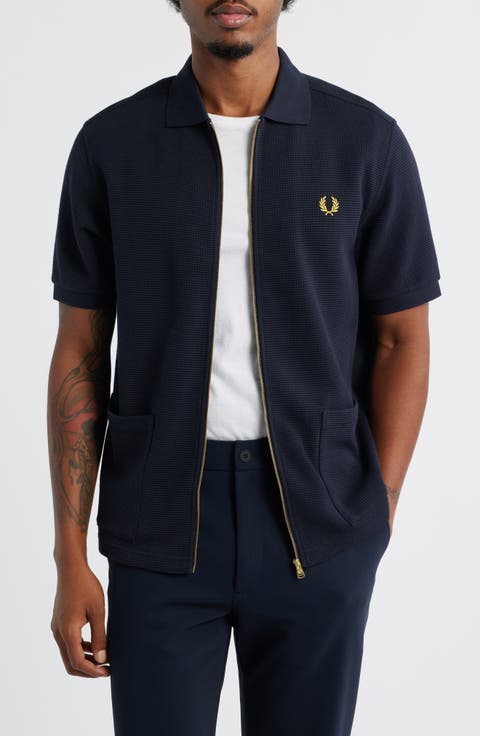 Waffle Short Sleeve Cotton Blend Zip-Up Shirt