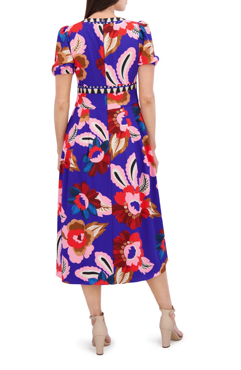 Kensie Puff Sleeve Midi Dress, Alternate, color, Cobalt Multi